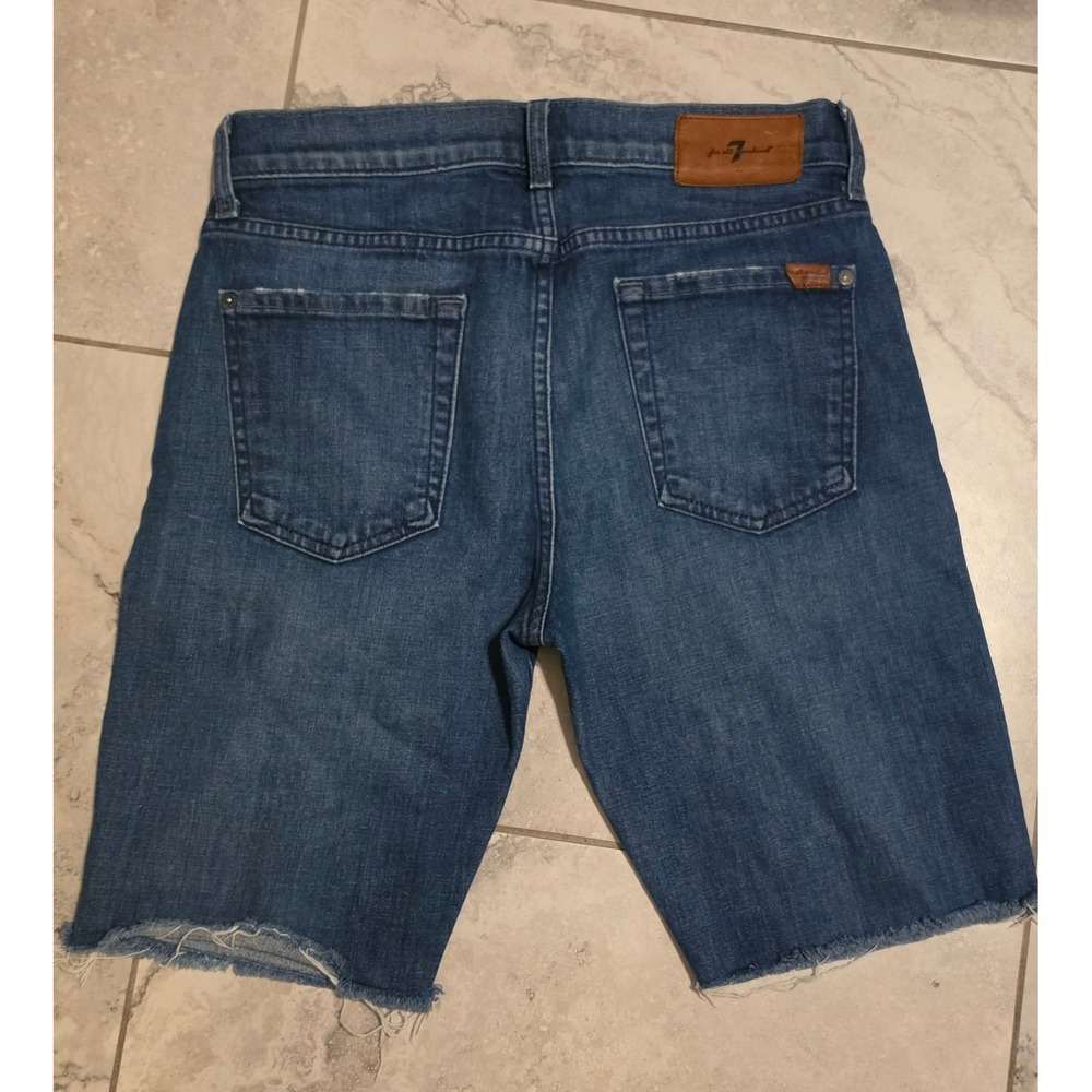 7 For All Mankind Slimmy Mens Jean Shorts Medium Wash Distressed Raw Hem Sz 29